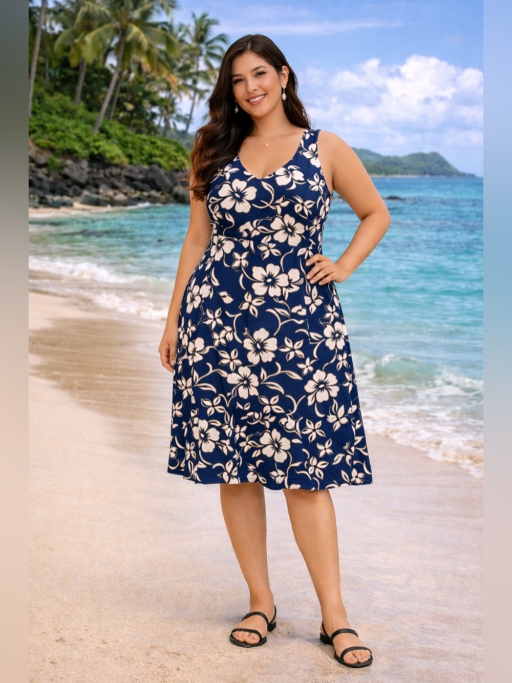 Hilo Hattie Navy and Cream Floral One-Piece Swim Dress